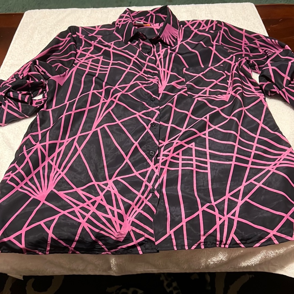 Purple and Black Blouse - button down-  with button sleeve (Worn Once)